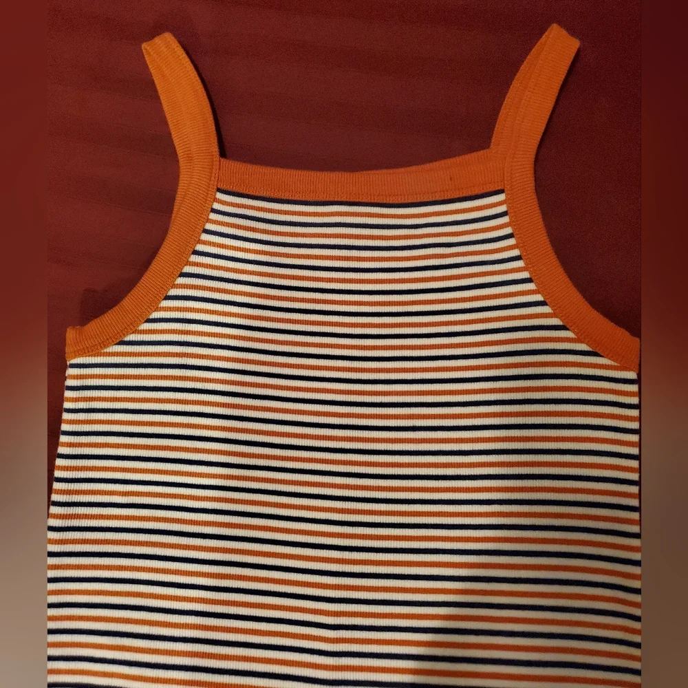 Forever 21 Y2K Square Neck Striped Sleeveless Dress Gold Orange Blue Med Jrs EUC - Picture 3 of 4